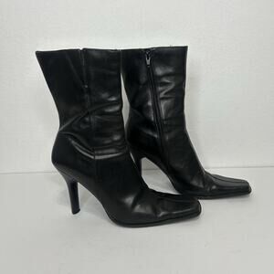 Diba Women’s Black Leather Square Toe Side Zipper Mid-Calf Heeled Boots 10M